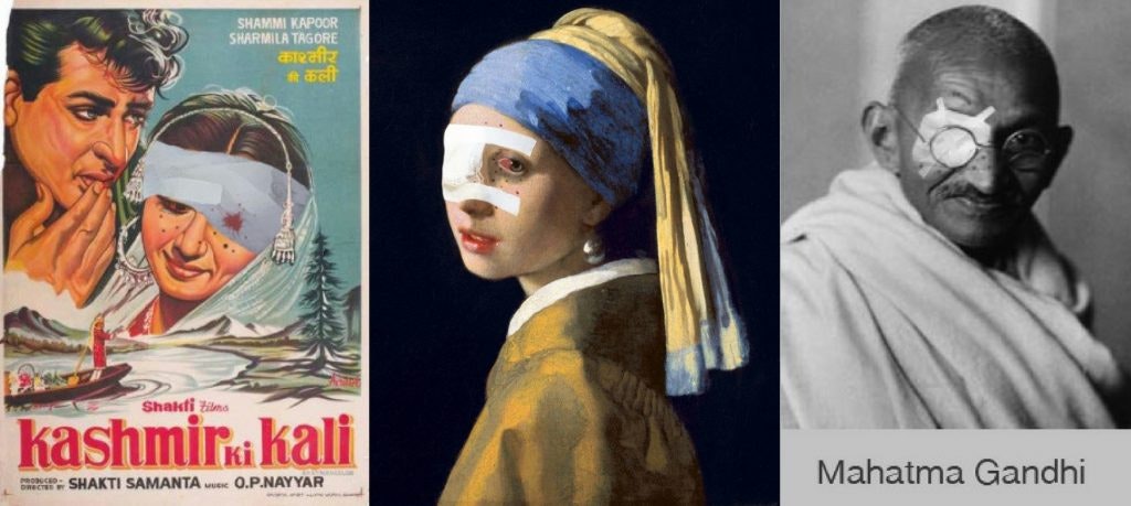 Three posters showing portraits of faces with bandages over their eyes, presumably from being shot with pellets. The left is a vintage film poster, the middle Vermeer's Girl with a Pearl Earring, and the third Mahatma Gandhi.