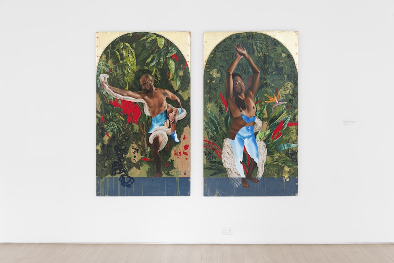 Marikit Santiago, The Serpent and the Swan, 2021, interior paint, acrylic, pyrography, oil and Dutch metal gold leaf on found cardboard (pen and paint markings by Maella Santiago, Santi Mateo Santiago and Sarita Santiago), 162cm x 77cm (Diptych); photo: Garry Trinh for 4A Centre for Contemporary Asian Art, For us sinners, March - May 2022, courtesy the artist and The Something Machine, Bellport, New York.