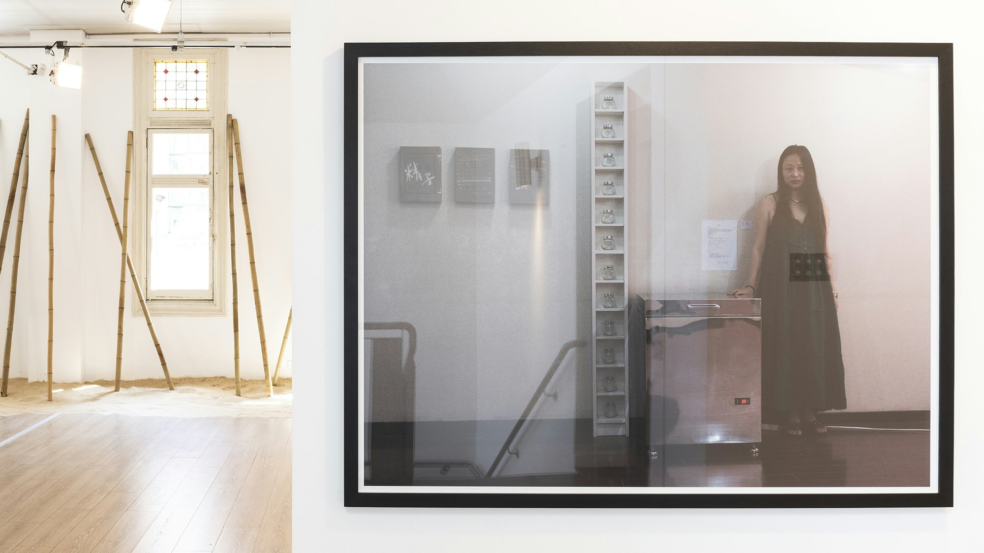 A framed photo of an East Asian woman in a long black sleeveless dress with long black hair, standing with her right hand on a metal sperm storage unit. Behind the photo is a white gallery space with sand and bamboo poles stood upright against a wall