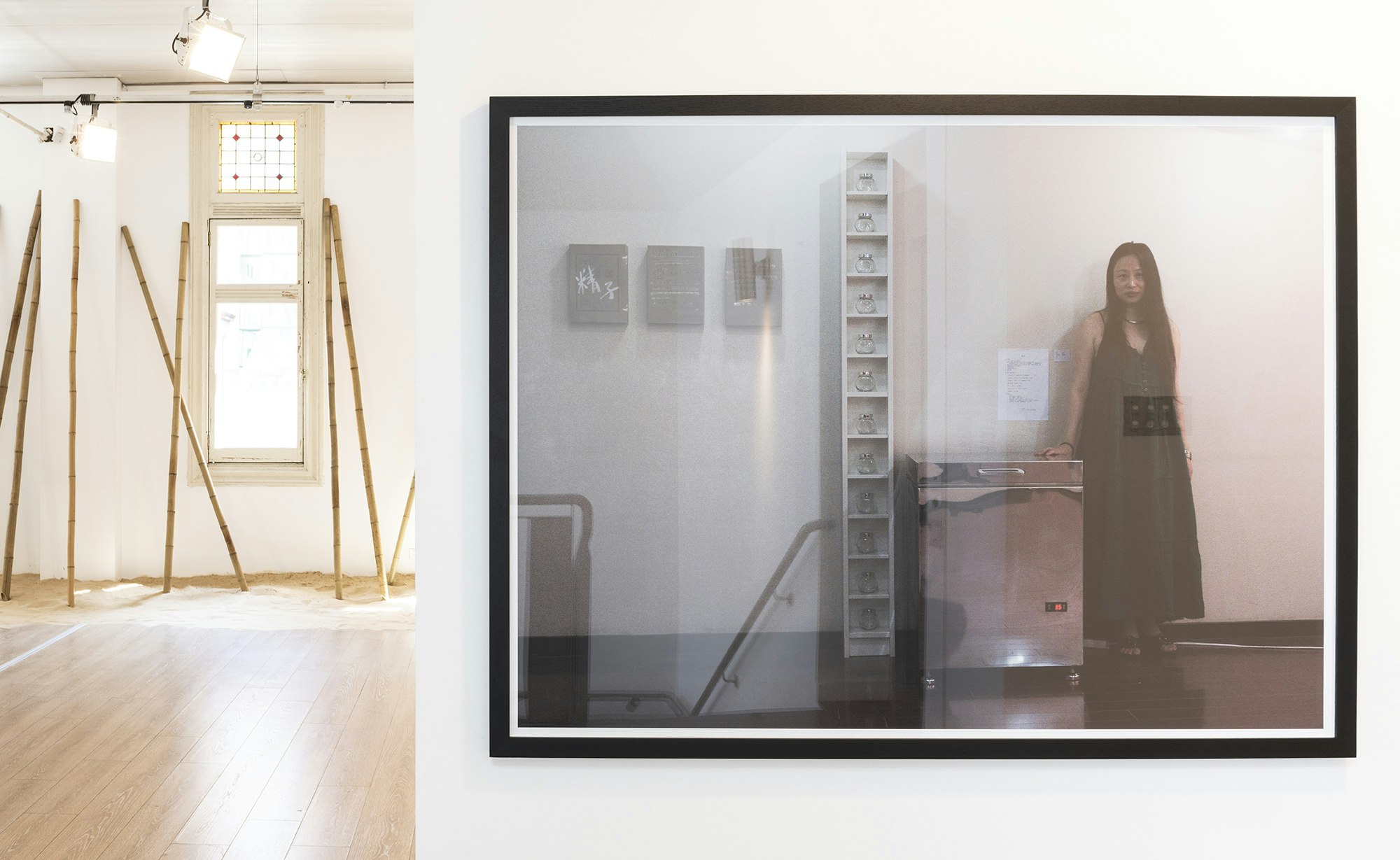 A framed photo of an East Asian woman in a long black sleeveless dress with long black hair, standing with her right hand on a metal sperm storage unit. Behind the photo is a white gallery space with sand and bamboo poles stood upright against a wall