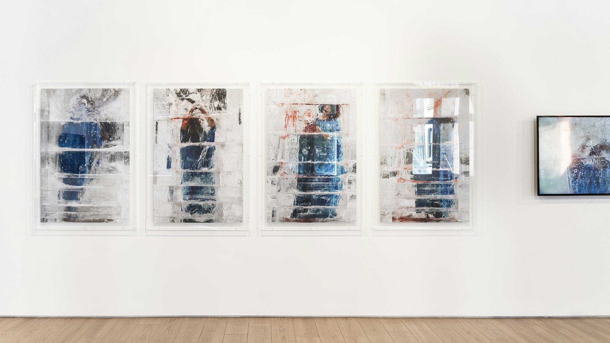 Five prints depicting the face of a huge block of ice, with a woman in a long, shapeless blue dress cutting into it from the other side. Part of the ice block is stained red with blood and running to the floor