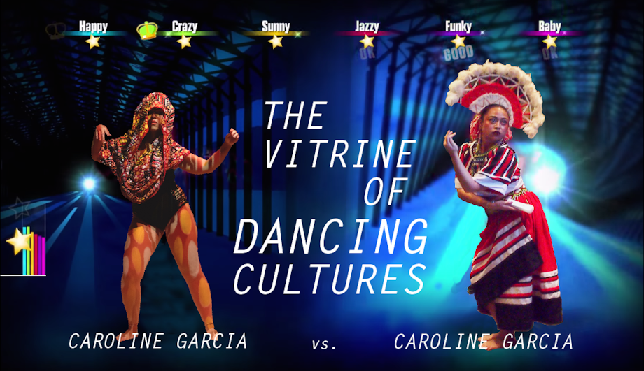 A computer-generated graphic with blue spotlights and two dancers, each on the left and right side of a title that reads, The Vitrine of Dancing Cultures. The dancer on the left is wearing a red patterned scarf over their head and spotted orange tights. The dancer on the right wears a dress with red, white and navy stripes, and a red feathered headdress. Their costume resembles traditional Filipina dress. Above the dancers is a row of words that read, Happy, Crazy, Sunny, Jazzy, Funky, Baby. Each word is underlined by a gold star. Under the dancers are the words Caroline Garcia vs. Caroline Garcia.