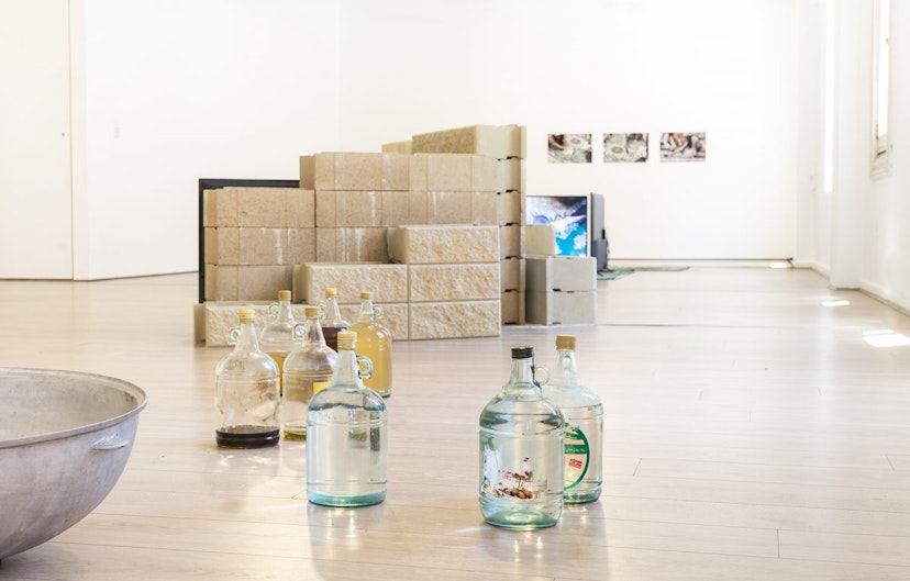 Eight glass bottles filled with different coloured liquids, arranged on a hardwood gallery floor.