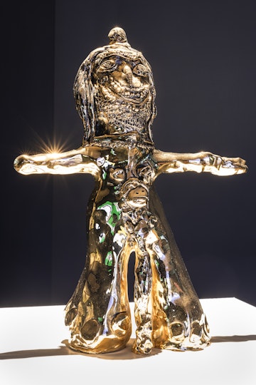 Ramesh Mario Nithiyendran, Gold Figure with Elephant Legs, 2017, 24k gold plated bronze, 50 x 38 x 15cm, edition of 3 plus 2 APs; Courtesy the artist andSullivan+Strumpf, Sydney; photo: Kai Wasikowski for 4A Centre for Contemporary Asian Art, 2022.