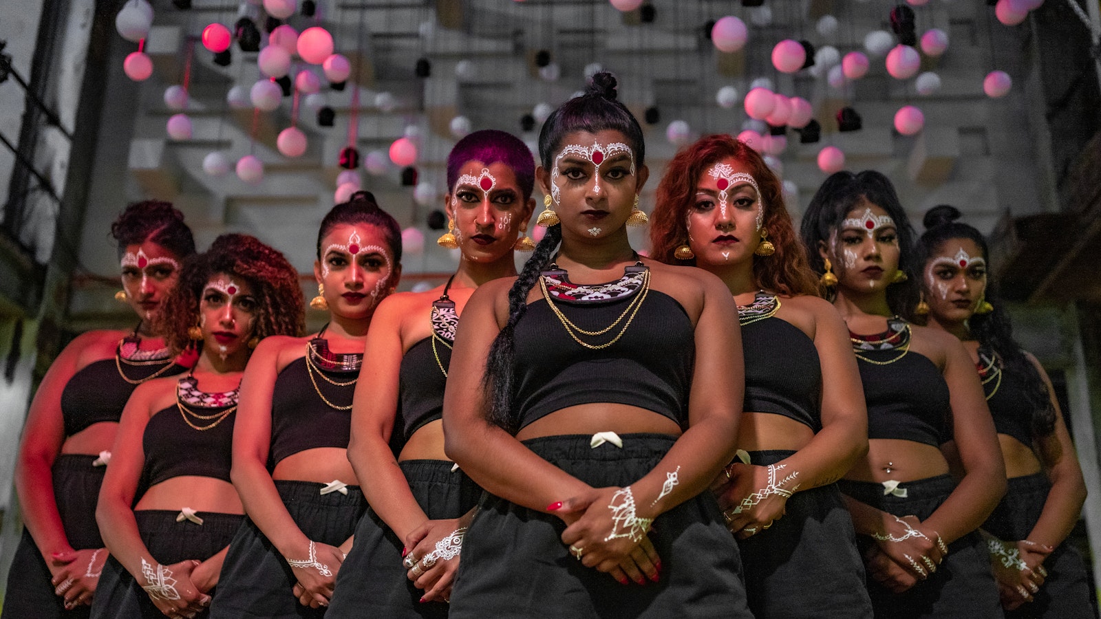 BINDI BOSSES (L-R): Smrithi Karmakonda Ragavi Ragavan Divya Saxena Shyamla Dance Sarangi Rupasinghe Jes Subba Sakshi Brahmbhatt Shankari Jeyaseelan Necklaces by Cleonie Quayle CQ Aboriginal Jewelry with design by Shankari Jeyaseelan, image credit: Poornima Sharma