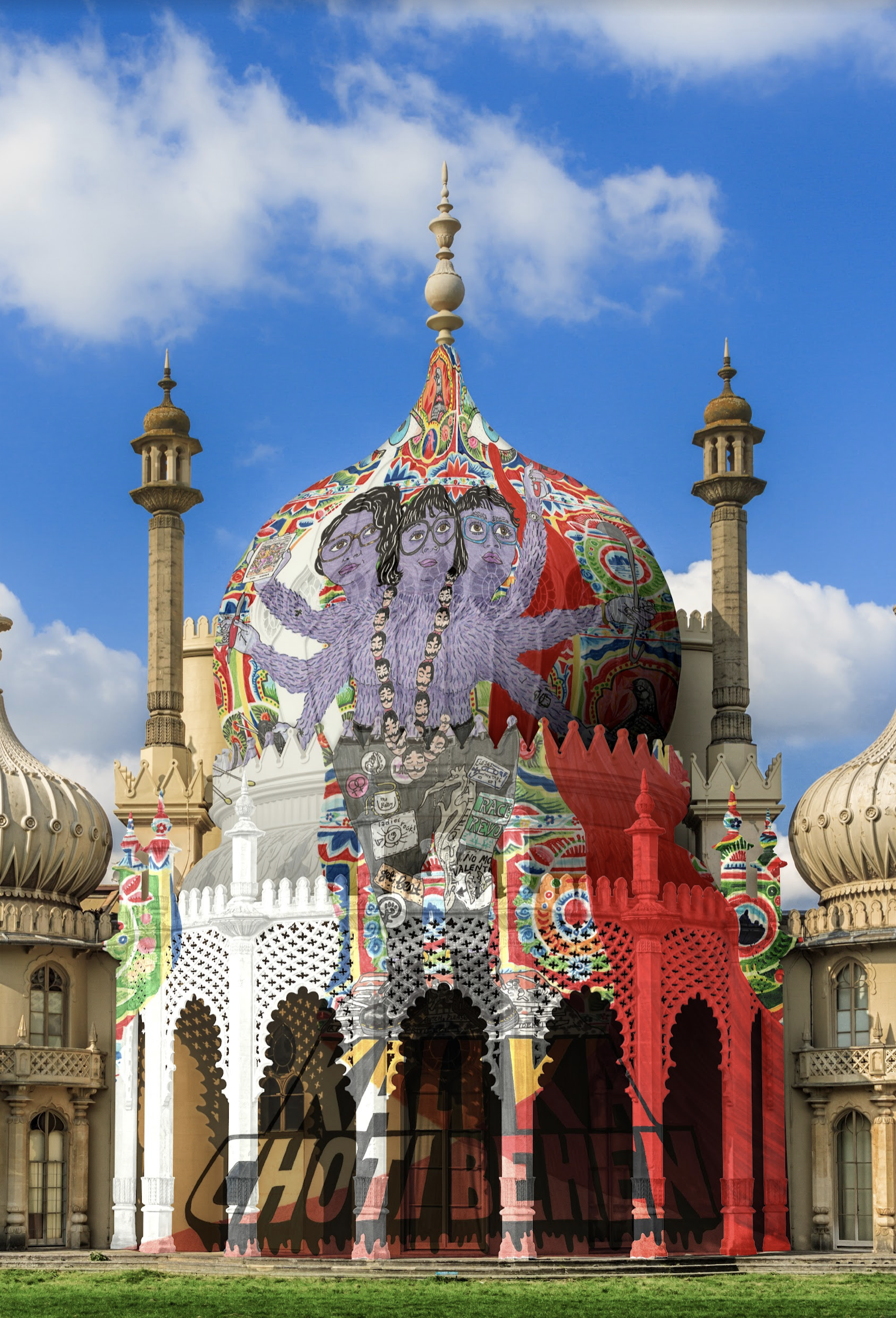 A daytime photo featuring the central dome of Brighton Pavillion (a building in the style of Indian architecture of the 19th century). On it warps a mural of a three-headed furry lilac desi-punk-dyke deity. Their similarly cropped and bespactled heads look up at two warped blue eyes gushing white tears and red blood against a bright, graphic design of birds and landscapes. A necklace of moustached heads swings over their three breasts, their desi-punk-patched black jeans and Doc Martens boots. Six arms hold black yarn, swiss army knife, tarot card, red dustpan, soup ladle, and book. They stand on a chunky title ‘Kali Ka Choti Behen’ with the rivers of tears and blood crossing over within the letters.