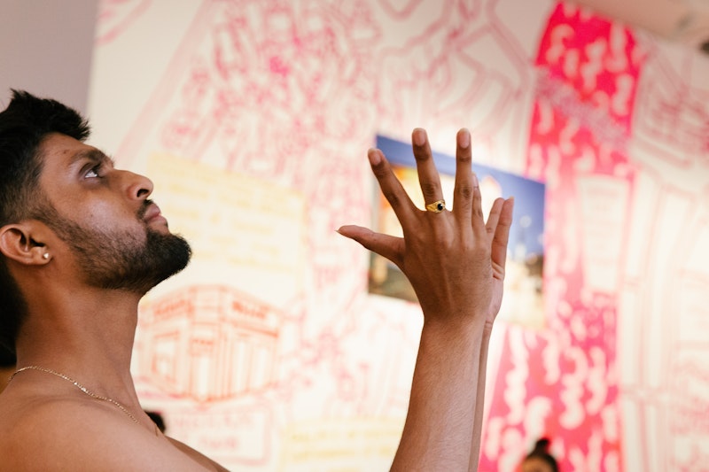 A performance by Vishnu Arunasalam, TextaQueen: Bollywouldn't Opening Day, 2022, Installation view, 4A Centre for Contemporary Asian Art; photo: Anna Hay.