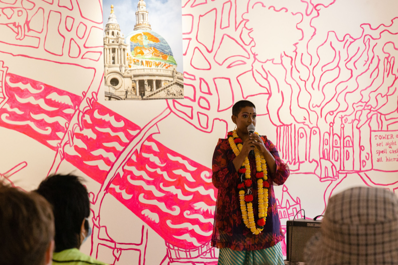 A performance by Priyanka Bromhead, TextaQueen: Bollywouldn't, 2022, Installation view, 4A Centre for Contemporary Asian Art; photo: Anna Hay.