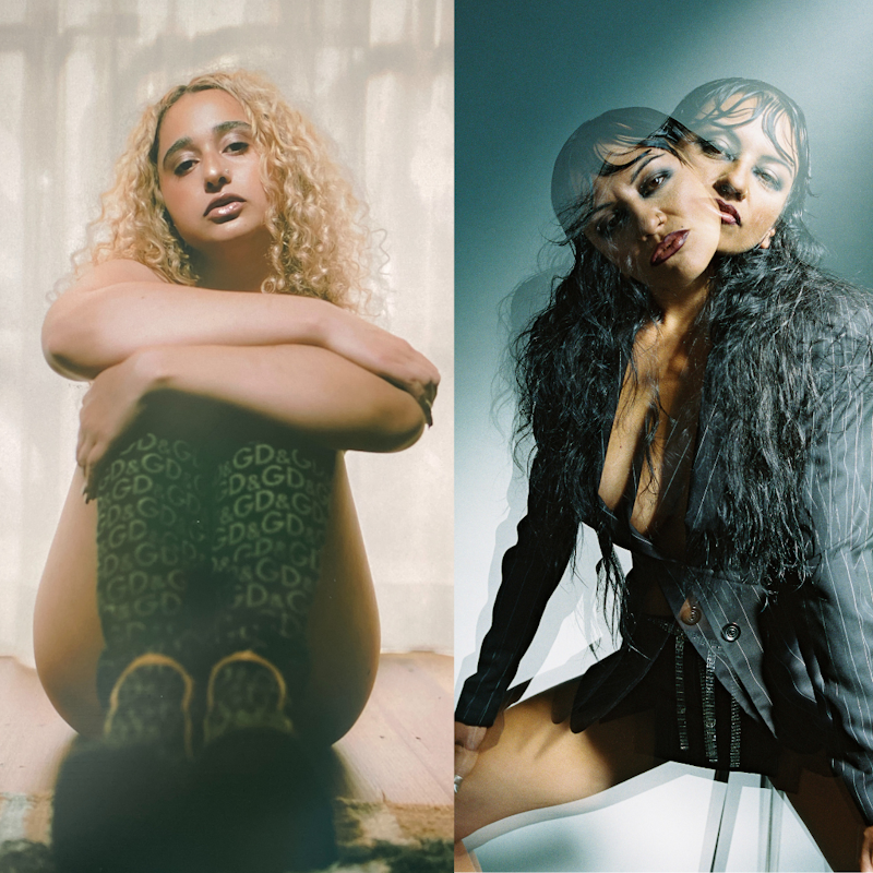 On the left-hand site of the image is Badgalcovphephe sits on a rug with their arms folded across their knees. We only see that they are wearing knee-high boots. Their makeup is soft and golden and their hair is curly and dyed blonde. On the right-hand side of the image a blurred, double-exposed photo of Paphilia where she appears to have two heads. Her hair has a west look, her makeup is dark and glossy. She is wearing an open, dark-coloured blazer whilst seated on a high stool with her legs spread.