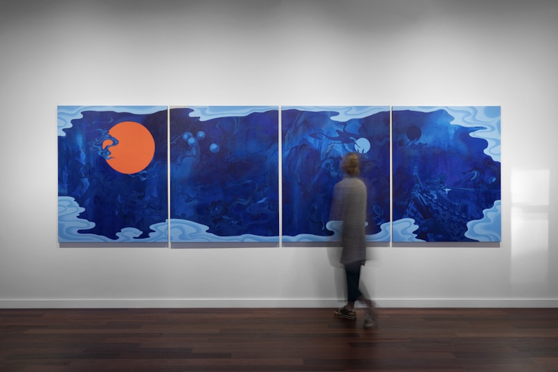 Louise Zhang, In search of the place between the clouds and mountains, 2023, acrylic on canvas, 152 x 489cm, commissioned by 4A Centre for Contemporary Asian Art, 2023; photo:  Jessica Maurer for 4A Centre for Contemporary Asian Art, 2023.