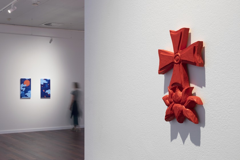 Louise Zhang, Cross with lotus, 2023, polymer paint on timber, 22 x 14.5 x 2.5cm, commissioned by 4A Centre for Contemporary Asian Art, 2023; photo: Jessica Maurer for 4A Centre for Contemporary Asian Art, 2023.
