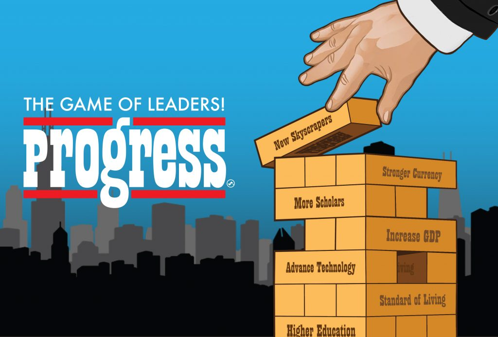 An illustrated graphic with  large text reads 'The Game of Leaders! Progress", a hand with suit cuffs picks up a Jenga piece with text on it that reads "New Skyscrapers"