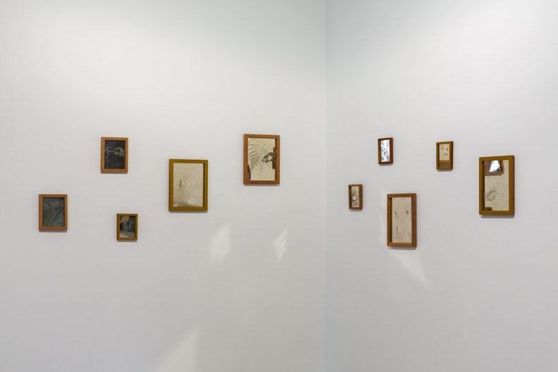Small wooden frames hang in a scattered formation, wrapped around a corner of the wall wall, each showing a daguerrotype print