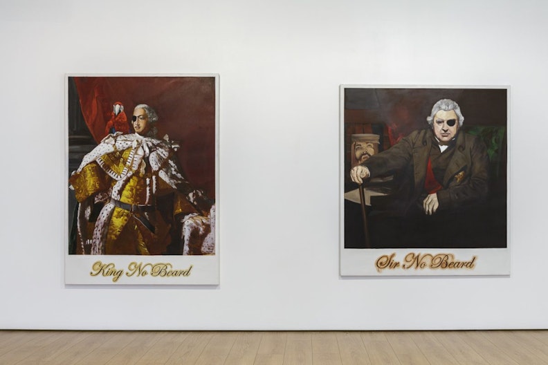 Two paintings on the wall depict colonial and regal figures in an eye patch, with cursive text captions