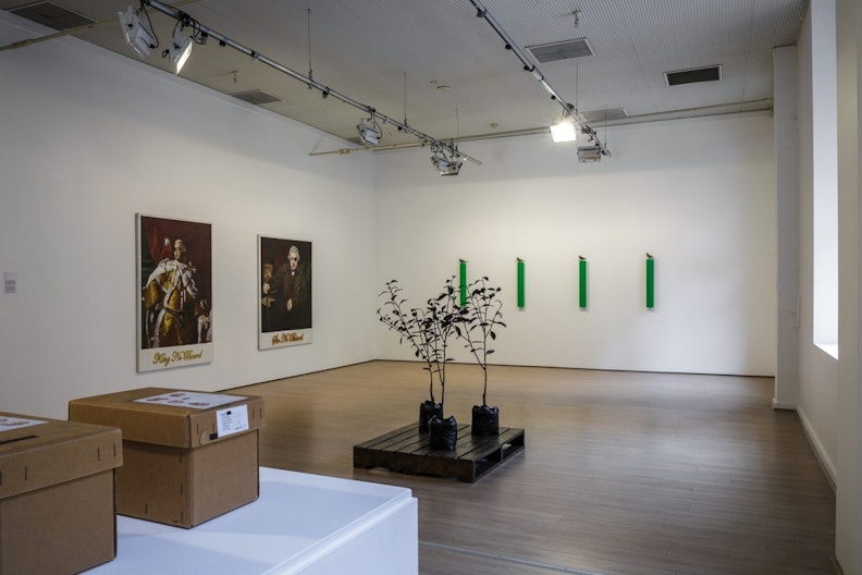 A gallery with an installation of trees and archive boxes in the middle, behind them are thin wall sculptures and paintings