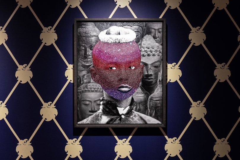 Nathan Beard,  Prince Chulalongkorn (1865), 2022, dibond mounted Giclée print on Hahnemühle Fine Art Pearl, Swarovski Elements each named using the antiquated term Siam, Avery 3002 Blockout Vinyl Matt Laminate, Thai Sapphire Little Greene paint produced in partnership with the National Trust as one of their official ‘Colours of England.’ Courtesy the artist and sweet pea, Perth. Image: Kai Wasikowski