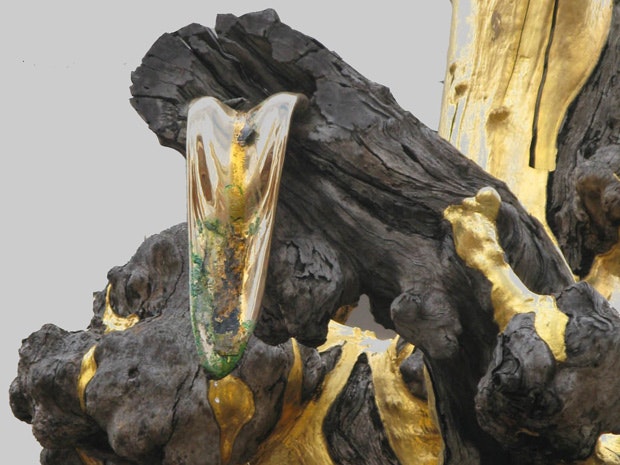 A close up shot of the sculpture Golden Water Mouth, depicting a tree partially covered in gold leaf applied over fibreglass