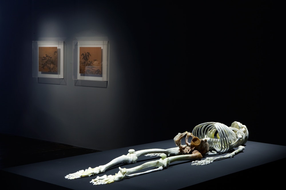 A photo of a human skeleton lying on a black platform as part of He Xiangyu's exhibition Cola Project