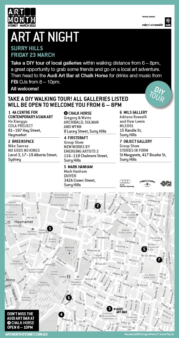 A map indicating the locations of the Art at Night galleries