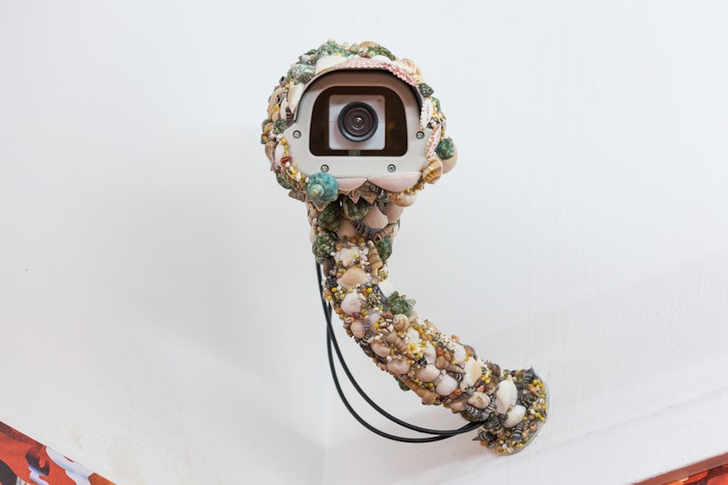 Pio Abad, ‘Decoy II’ (2014), dummy CCTV cameras decorated with tropical seashells. Courtesy the artist and Silverlens Gallery, Manila. Image: Document Photography