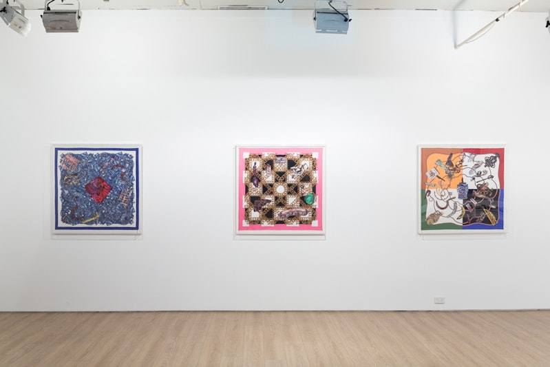 Pio Abad, ‘Every Tool is a Weapon if You Hold it Right XXXIII’ (2015), unique acid dye prints on hand-stitched silk twill, 100 x 100cm each. Courtesy the artist and Silverlens Gallery, Manila. Image: Document Photography