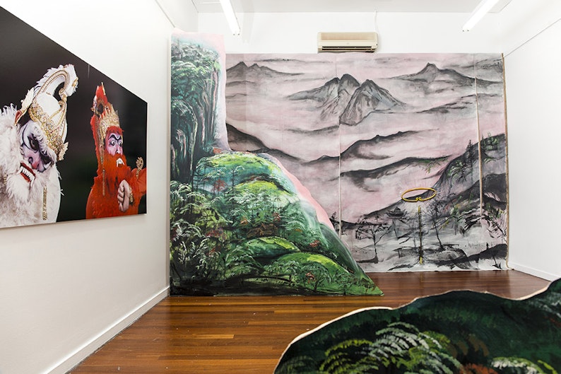 Left Wall: Adri Valery Wens, The Wanara (Subali/Hanoman/Sugriwa) (2016), pigment on silver rag paper triptych, installation view, 4A Centre for Contemporary Art. Courtesy the artist.  Centre: Shaun Gladwell, Monkey Magic Manifestations (2016), mixed medium (wood, canvas, acrylic), installation view, 4A Centre for Contemporary Art. Courtesy the artist. Image: Document Photography