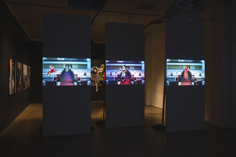 Adri Valery Wens, Subali / Gareng / Sueriwa (2016), HD three-channel video, installation view, 4A Centre for Contemporary Art. Courtesy the artist. Image: Document Photography