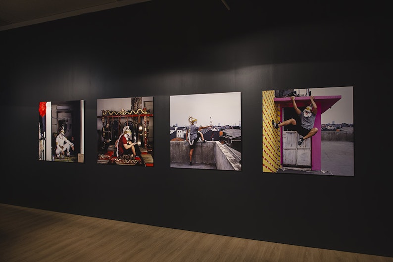 Left to right: Adri Valery Wens, Hanoman on heels 1 (2016), Hanoman/TheGamelan/The Bacardi (2016), Hanoman di atas loteng (2016), Hanoman gelantungan (2016), pigment on silver rag paper, installation view, 4A Centre for Contemporary Asian Art. Courtesy the artist. Image: Document Photography