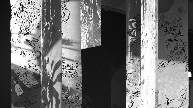 A black and white photo of an artwork as part of 4A's In Possible Worlds exhibition