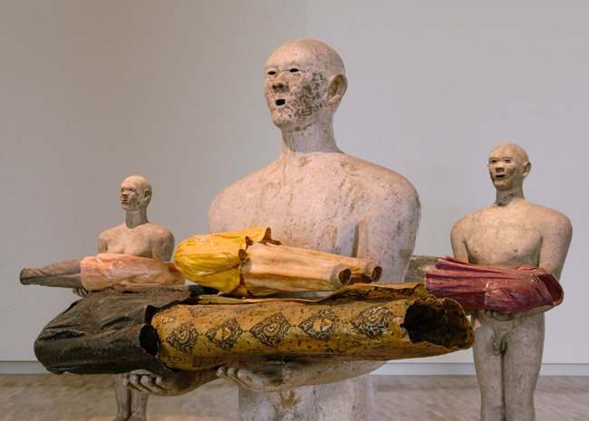 Three human sculptures as part of Dadang Christanto: They Give Evidence