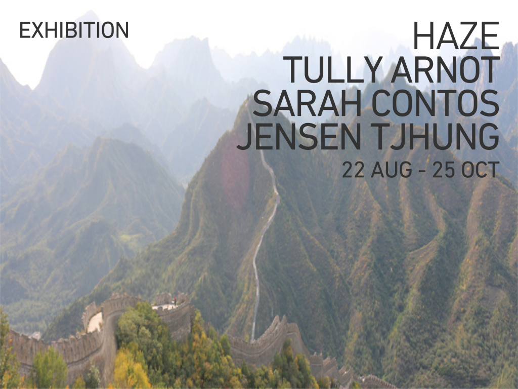 A hazy photo of the Great Wall of China snaking across mountains with black text that reads HAZE EXHIBITION and the artists' names