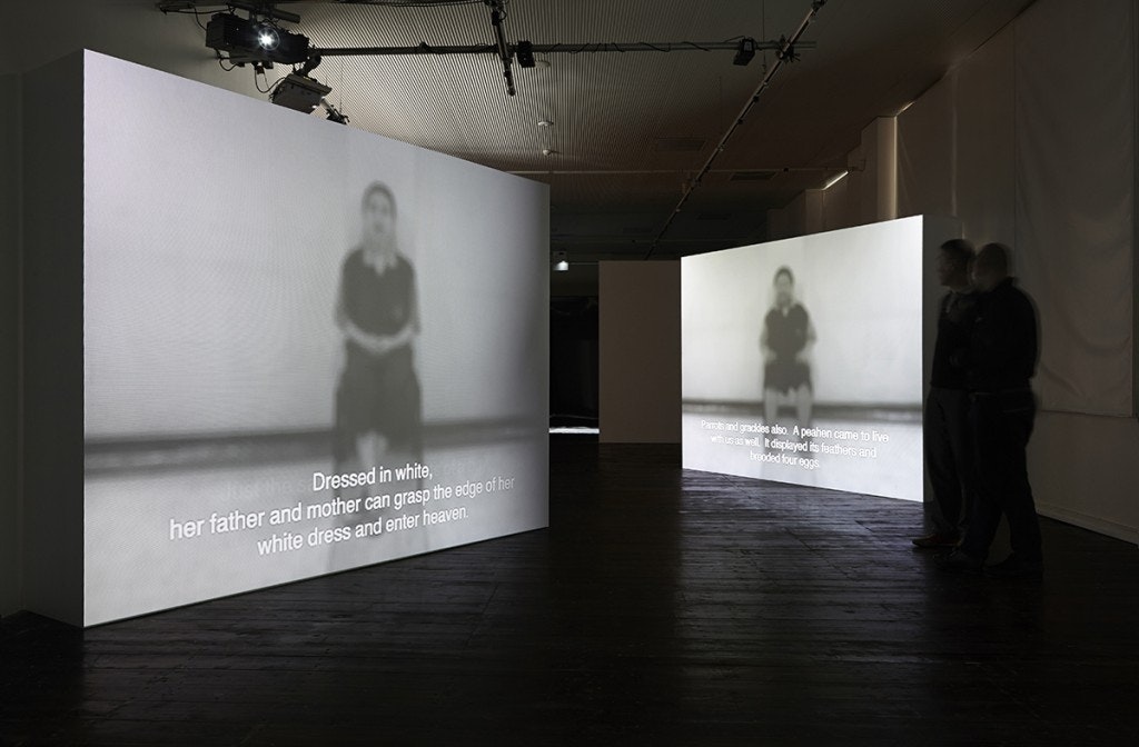 A photo depicting Araya Rasdjarmrearnsook, Great Times Message, Storyteller of the Town, The Insane (2006), three-channel video installation, installation view, at 4A