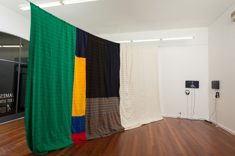 James Nguyen, Flatbed Knit Polo Collars (2015), cotton, 3 x 6 m; installation view, 4A Centre for Contemporary Art. Courtesy the artist.