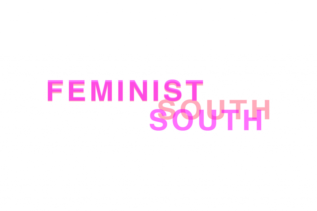 Pink text reading Feminist South on a white background