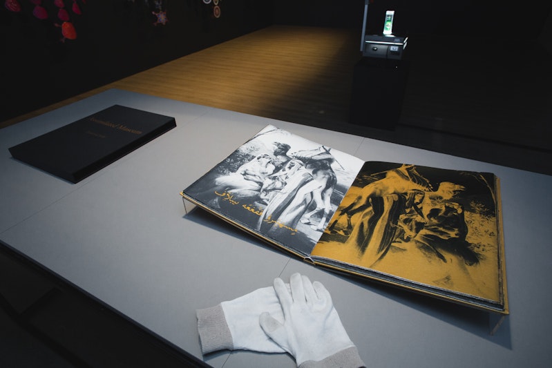 Deanna Hitti, Assimilation Museum (2015), screen prints on BFK Rives 210gsm, NiJin gold paper, hardcover book; installation view, 4A Centre for Contemporary Asian Art. Courtesy the artist. Image: Document Photography.