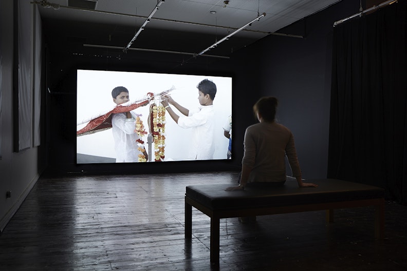 Omar Chowdhury, Torsions (2014), single-channel video; installation view, 4A Centre for Contemporary Asian Art. Courtesy Omar Chowdhury. Photo: Zan Wimberley.