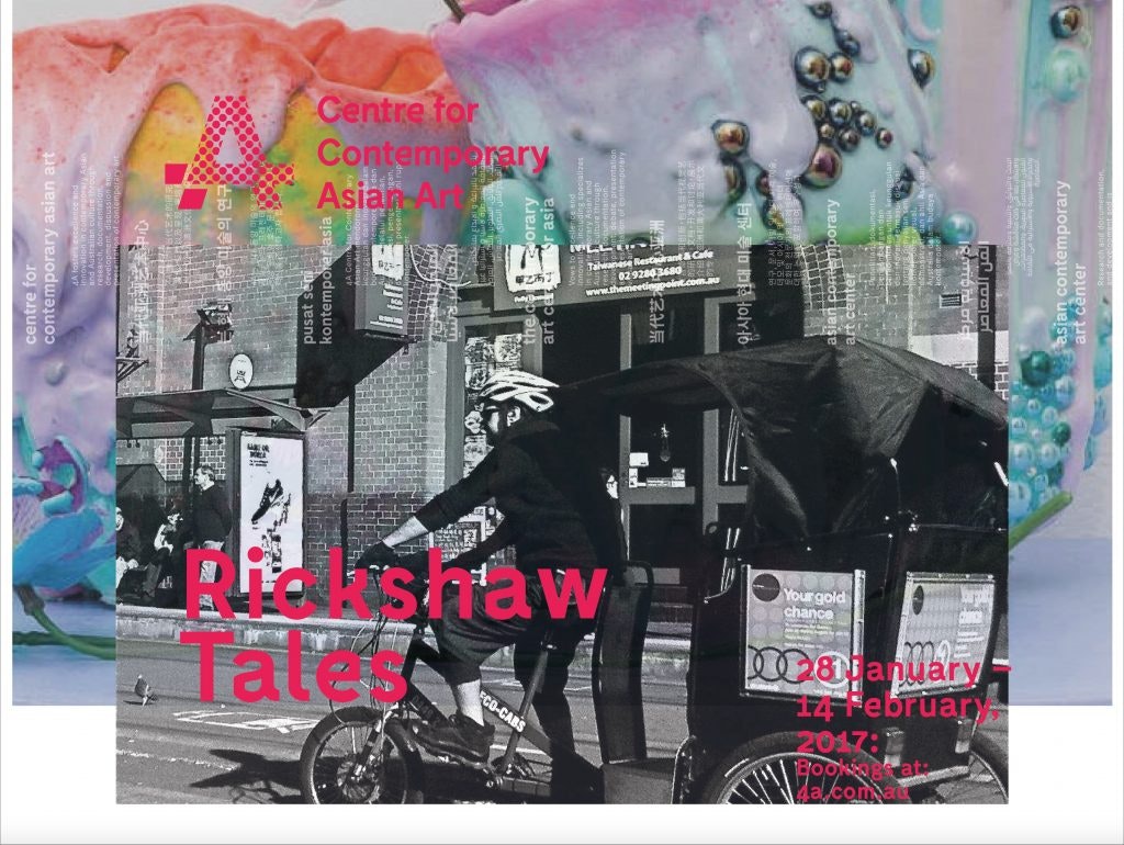 A black and white photo of a rickshaw driver with pink text reading "Rickshaw Tales" and a pink 4A logo