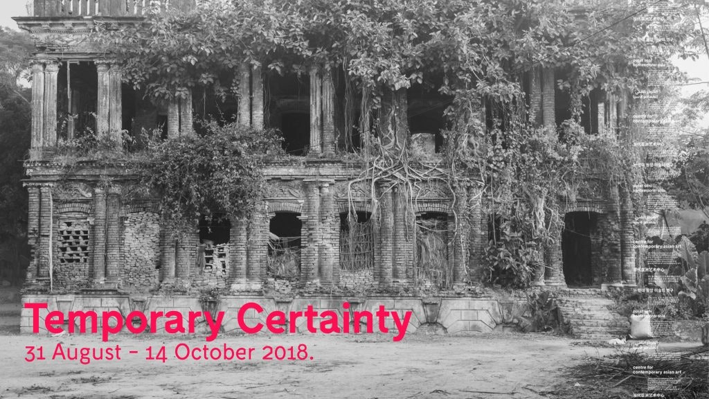 A black and white Burrangong Affray newsletter header with pink text reading "Temporary Certainty 31 August - 14 October 2018"