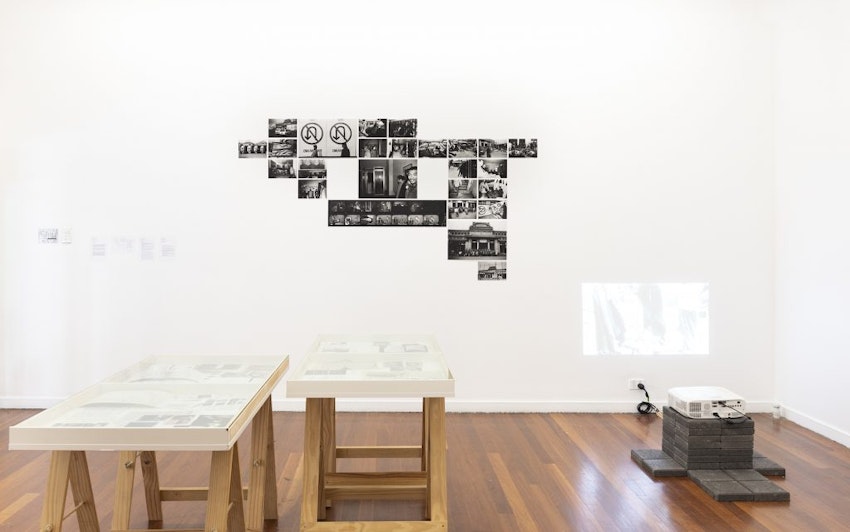 Xiao Lu: Impossible Dialogue 肖鲁:语嘿, installation view, 4A Centre for Contemporary Asian Art. Tables: China/Avant-Garde exhibition archival materials. Back: Wang Youshen, China/Avant-Garde exhibition. Before and after the ‘Shooting Incident’ (detail), 1989 – 2019, inkjet prints, dimensions variable, courtesy Wang Youshen. Bottom Right: China/Avant-Garde exhibition, set of 210 archival 35mm colour transparency slides produced by Fine Arts Magazine, 1991. Private collection. Image: Kai Wasikowski.