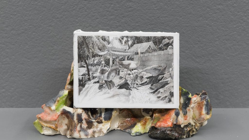 Jessica Bradford, Haw Par Villa #4 (Swans) 2016, Pastel and liquid pencil on primed aluminium sheet on top of under-glazed earthenware.