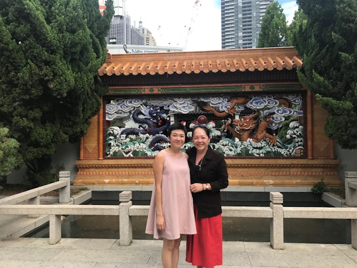 Rainbow Chan with her mum at the Chinese Garden of Friendship for a workshop.