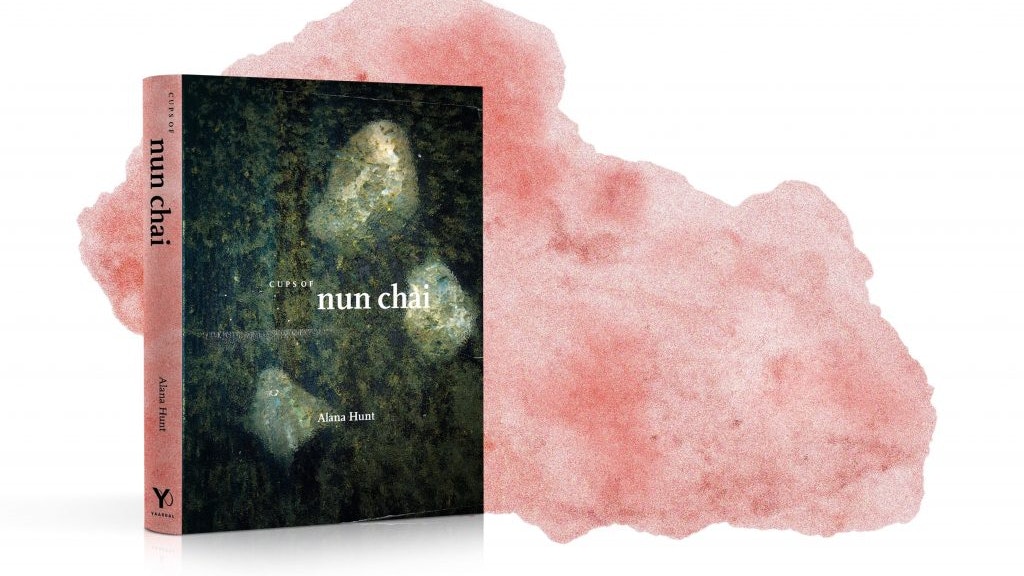 Hardcover copy of the book "Cups of Nun Chai" with a pink watercolour background.