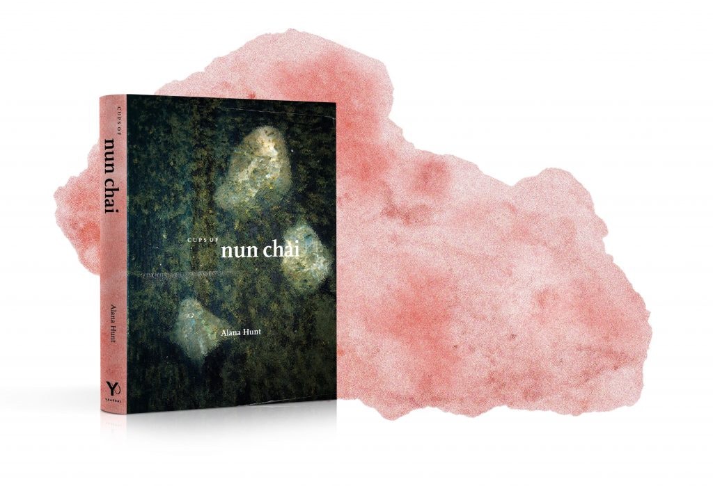Hardcover copy of the book "Cups of Nun Chai" with a pink watercolour background.
