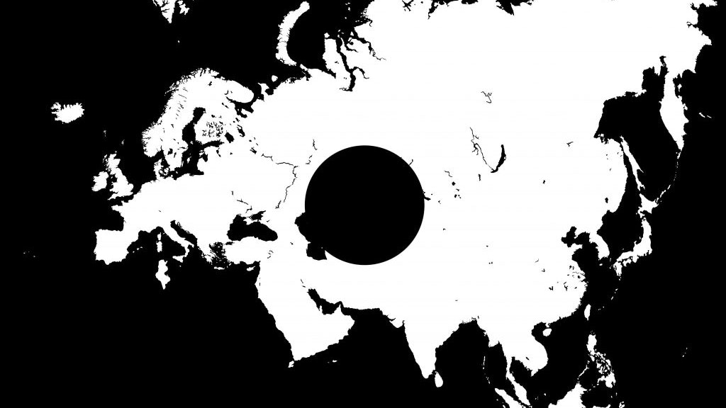 The Eurasian landmass in white on a black background, with a black circle indicating Central Asia