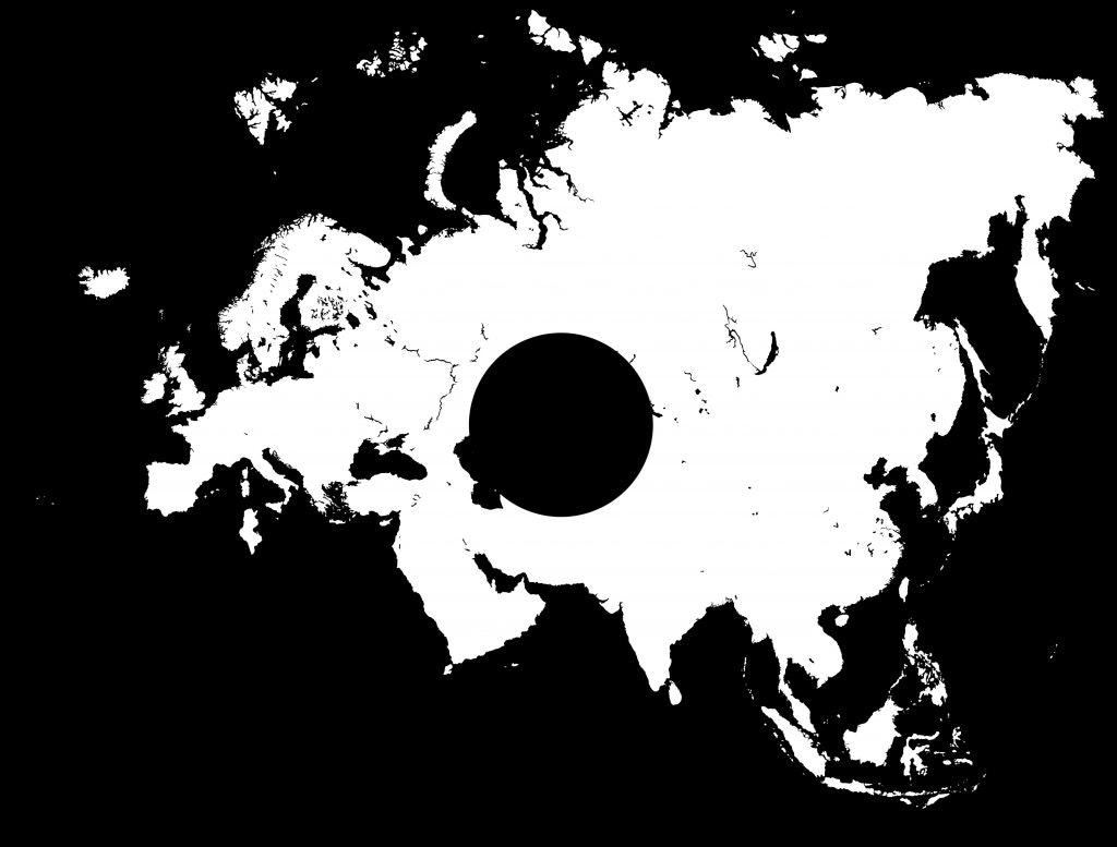 The Eurasian landmass in white on a black background, with a black circle indicating Central Asia