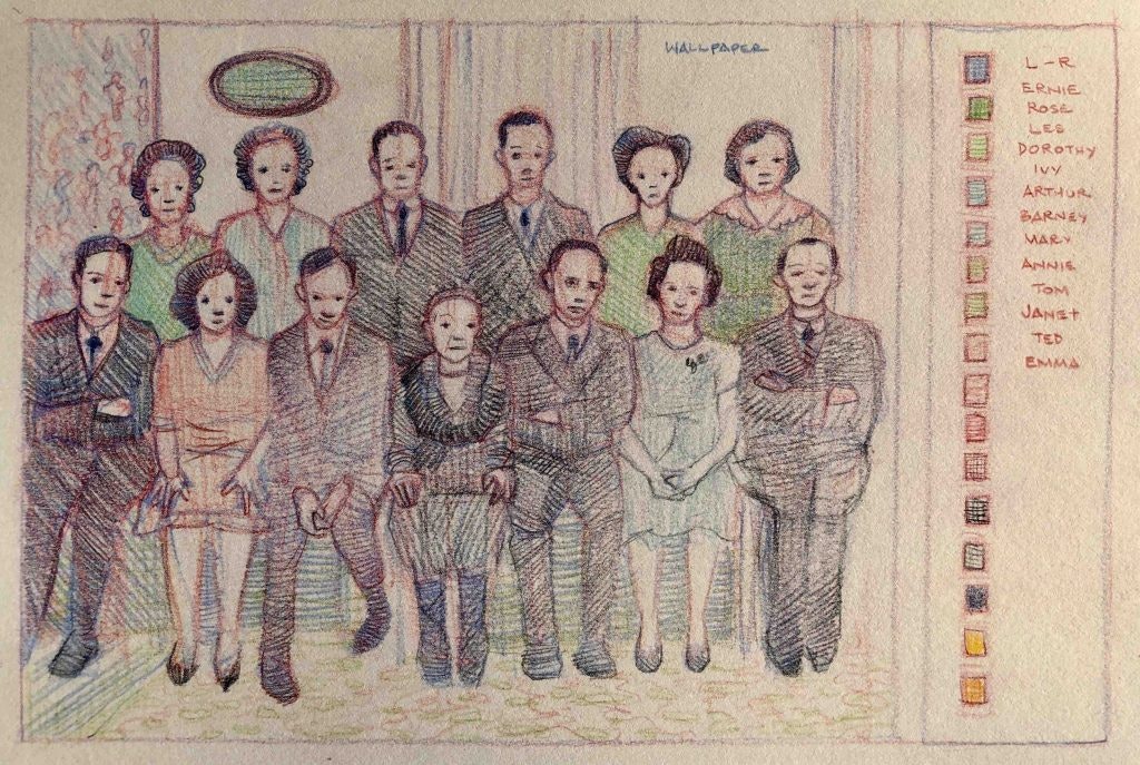 A sketch of a photo of the Dion family, showing two rows of six seated people.