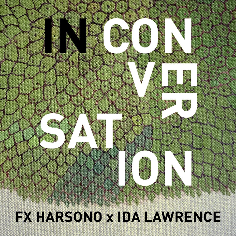 Black and white text reading "In Conversation FX Harsono x Ida Lawrence" with a green and cream artwork background.