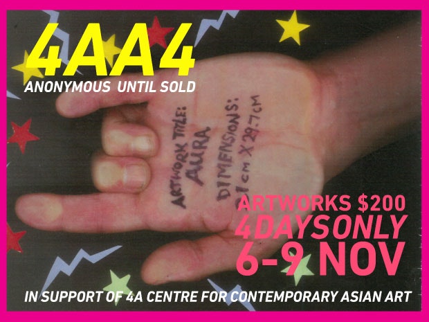 A photograph of a hand with text written on the palm. Artwork part of 4AA4 Anonymous Until Sold. Pink text reading Artworks $200 4 Days Only 6-9 Nov