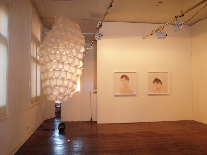 L-R: Biljana Jancic, Untitled (wearable sculpture), 2007, freezer bags; Owen Leong, Internal Contradiction 2, 2004, lambda print, Internal Contradiction 4, 2004, lambda print.