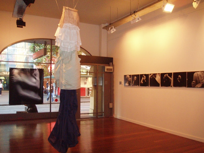 L-R: Belinda Lai & Alice Wesley-Smith,  Untitled, 2007, duraclear with satin laminate; Beauty, 2007, silk chiffon, steel pins; Innocence, 2007, cotton voile, lace; Experience, 2007, cotton voile; Grace, 2007, cotton voile;  Photo Series, 2007, large format inkjet prints